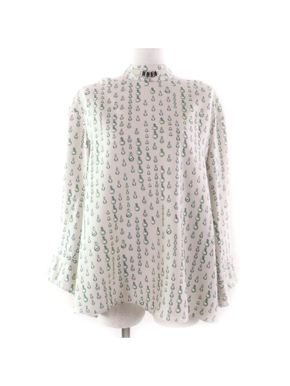 Hermes Silk 100% Back Ribbon All Over Print Long Sleeve Top Beige Green 38